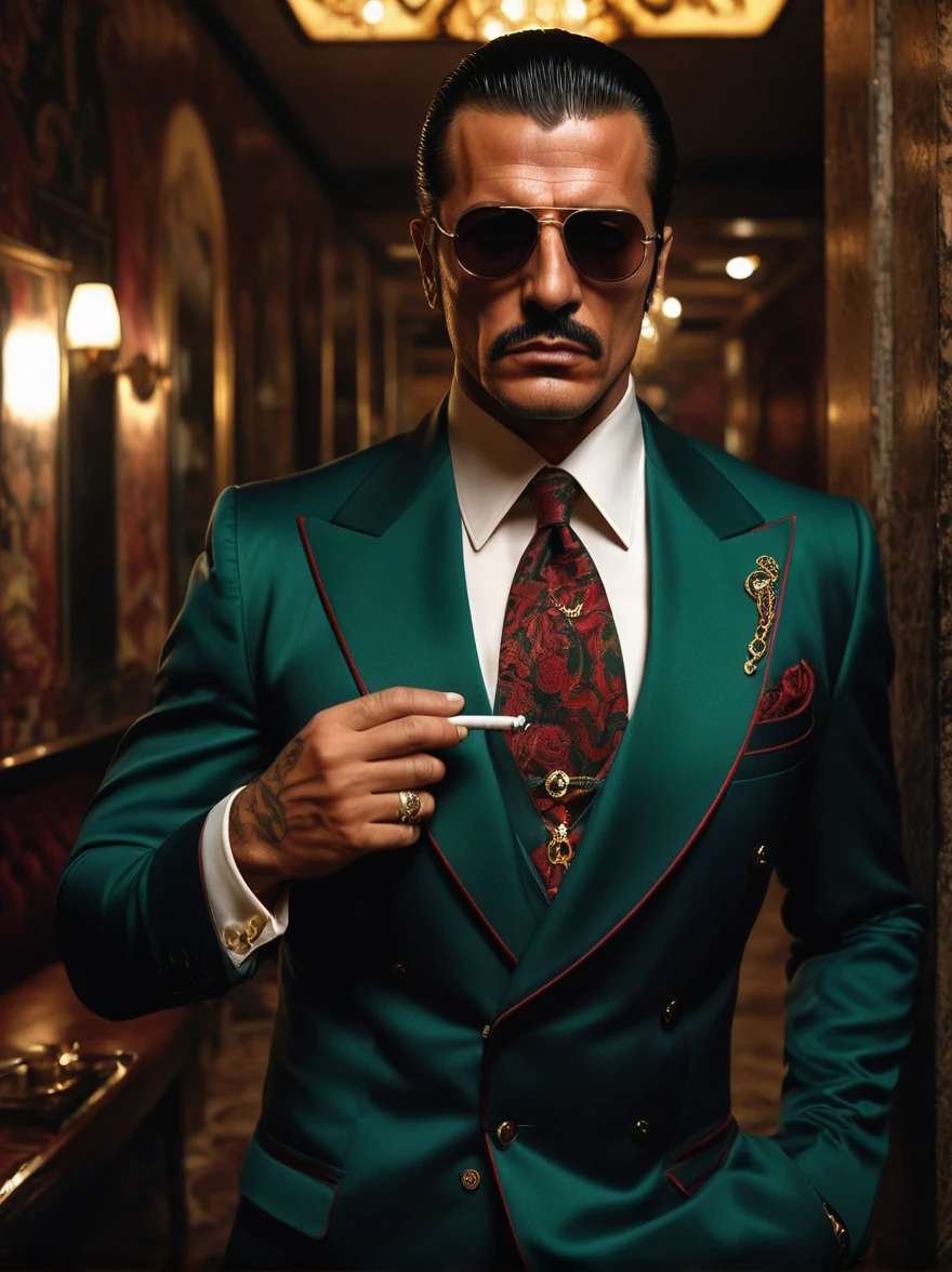 Create the image of a handsome Italian mafia boss, difficult, olhos, brutal, violento, feroz, intimidador, vestido com um luxuoso terno Gucci, tatuagens, (wide angle), (corpo todo: 1.3), fumando um cigarro. parado no meio de uma rua. 80's movie style.