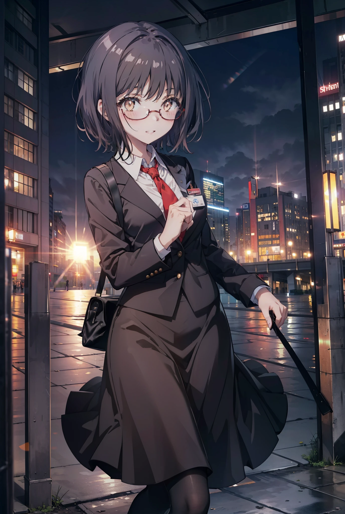 masterpiece, highest quality, confused, perfect anatomy, 1 girl, alone, Itsuwa,short hair,black hair,brown eyes,smile,blush,open your mouth,happy atmosphere,OL, red glasses, end, black suit jacket, collared jacket, white dress shirt, collared shirt, neckline, button, strap, ID card on neck, black pencil skirt, black pantyhose, stiletto heels,walk,morning,morning陽,the sun is rising,In town,building street,(masterpiece:1.2), highest quality, High resolution, unity 8k wallpaper, (shape:0.8), (beautiful and detailed eyes:1.6), highly detailed face, perfect lighting, Very detailed CG, (perfect hands, perfect anatomy),