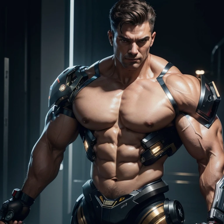 (masterpiece, top quality, best quality,4k,8k,HD,ultra HD), 1man with cyborg body and muscle,upper body