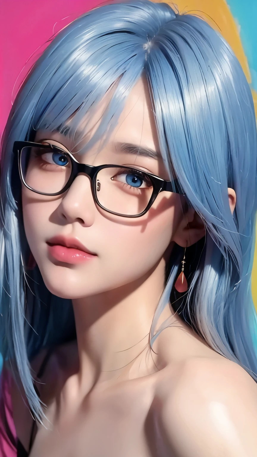 masterpiece, best quality, 8k,masterpiece, (masterpiece, best quality, high resolution), Color paint background（(acrylic paint, (splash of color, splash ink, splash of color)） ,  Detailed skin texture, Detailed fabric texture, beautifull detailed face, intricate details, Super detailed, Portrait of Rei Ayanami, blue hair, blue eyes, wear glasses（focus），head tilt,super huge 