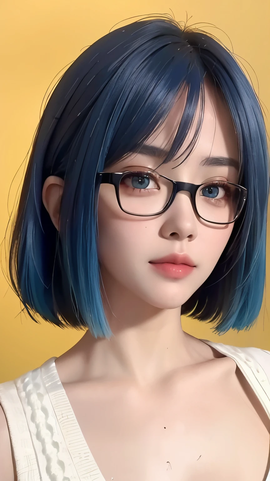 masterpiece, best quality, 8k,masterpiece, (masterpiece, best quality, high resolution), Color paint background（(acrylic paint, (splash of color, splash ink, splash of color)） ,  Detailed skin texture, Detailed fabric texture, beautifull detailed face, intricate details, Super detailed, Portrait of Rei Ayanami, blue hair, blue eyes, wear glasses（focus），head tilt,super huge 