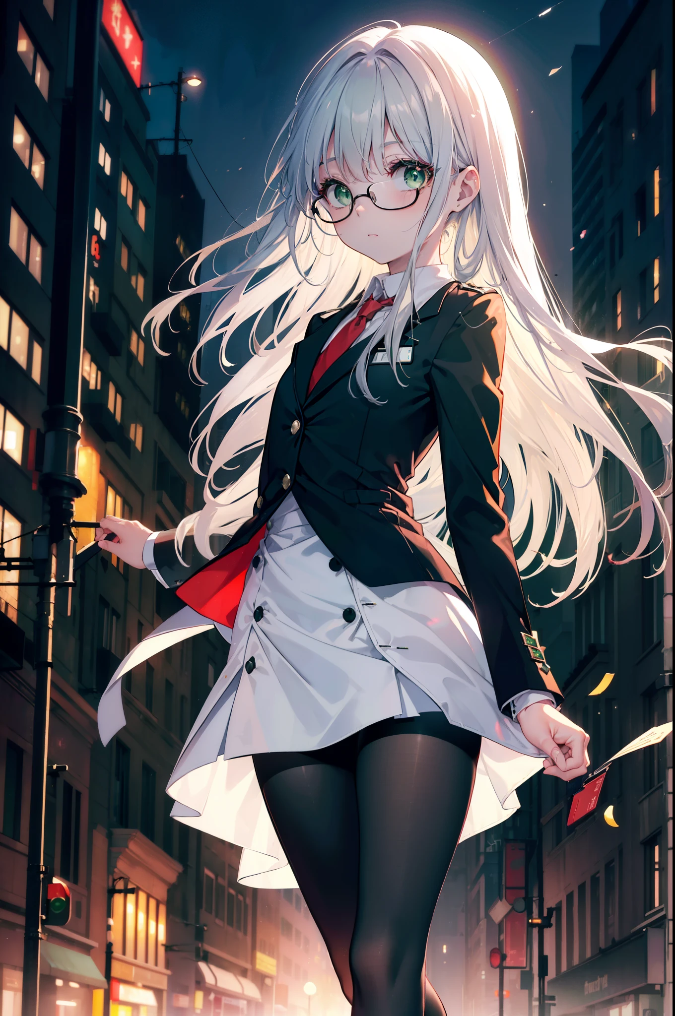 index, index, (green eyes:1.5), silver hair, long hair, (flat chest:1.2),
OL, red glasses, end, black suit jacket, collared jacket, white dress shirt, collared shirt, neckline, button, strap, ID card on neck, black pencil skirt, black pantyhose, stiletto heels,toast in your mouth, running, city street,morning,morning陽,The sun is rising, breaking the viewer, Upper body, whole body, (cowboy shot:1. 5)
break outdoors, In town,Destroy a city of buildings (masterpiece:1.2), highest quality, High resolution, unity 8k wallpaper, (figure:0.8), (detailed and beautiful eyes:1.6), highly detailed face, perfect lighting, Very detailed CG, (perfect hands, perfect anatomy),