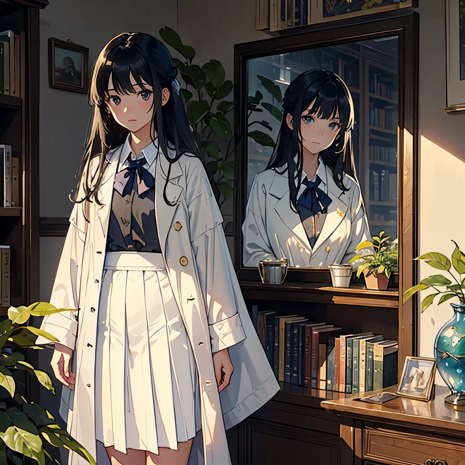 (highest quality、masterpiece、High resolution)、(Sargent style watercolor)、(anime art)、cinematic light、soft light、((1 girl))、18-year-old、((With documents、Standing by the wall))、black hair、shortcut、Put your hair up、((wearing a white coat))、uniform、long skirt、sophisticated look、small breasts、anatomically accurate hands、whole body、graduate School、Large bookshelf、Specimen shelf、Mineral specimens、Insect specimenicroscope、Laboratory instrument、Foliage plant、 blur the background、