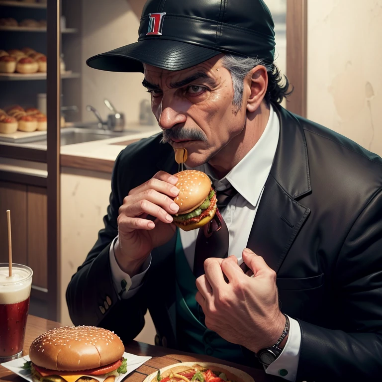 An old Italian mafia boss eating hamburger