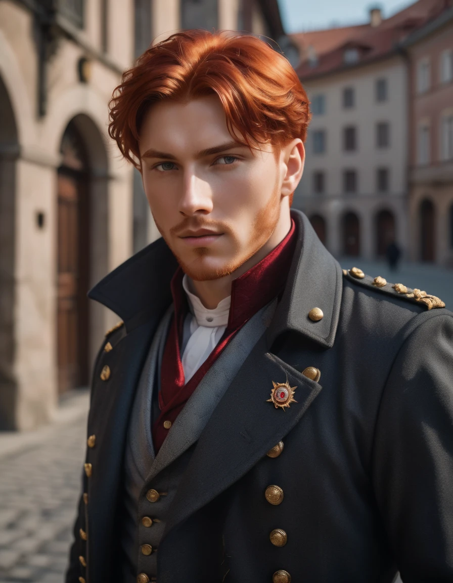 a character photo portrait of a Bosnian man with red hair presenting elegant style, Military-inspired coat with brass buttons and tailored trousers, um retrato de personagem de Matej Sternen, vencedor do concurso pexels, tonalismo, retrato retroiluminado, retrato com luz suave, dramatic light on the face