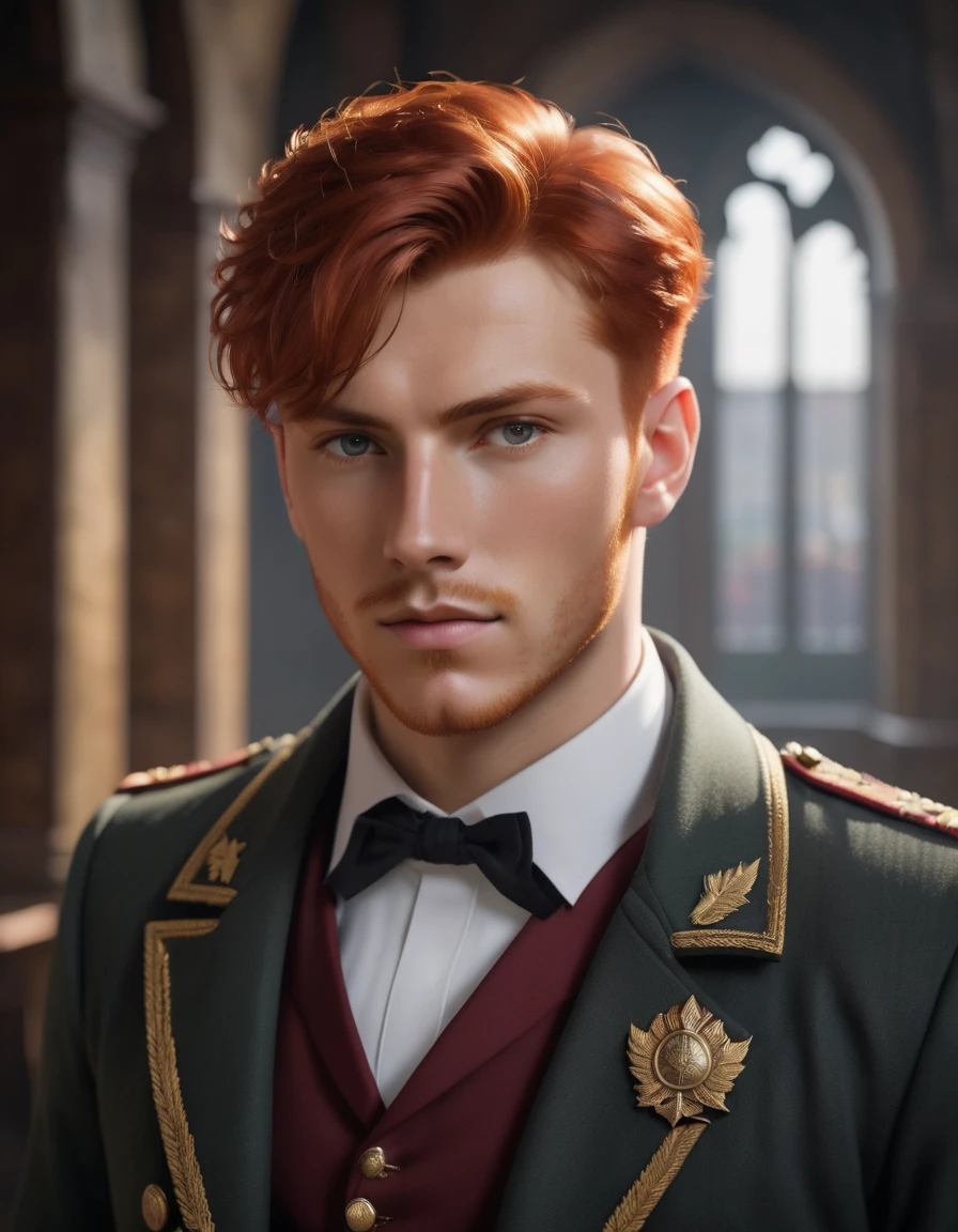 a character photo portrait of a Bosnian man with red hair presenting elegant style, Military-inspired coat with brass buttons and tailored trousers, um retrato de personagem de Matej Sternen, vencedor do concurso pexels, tonalismo, retrato retroiluminado, retrato com luz suave, dramatic light on the face