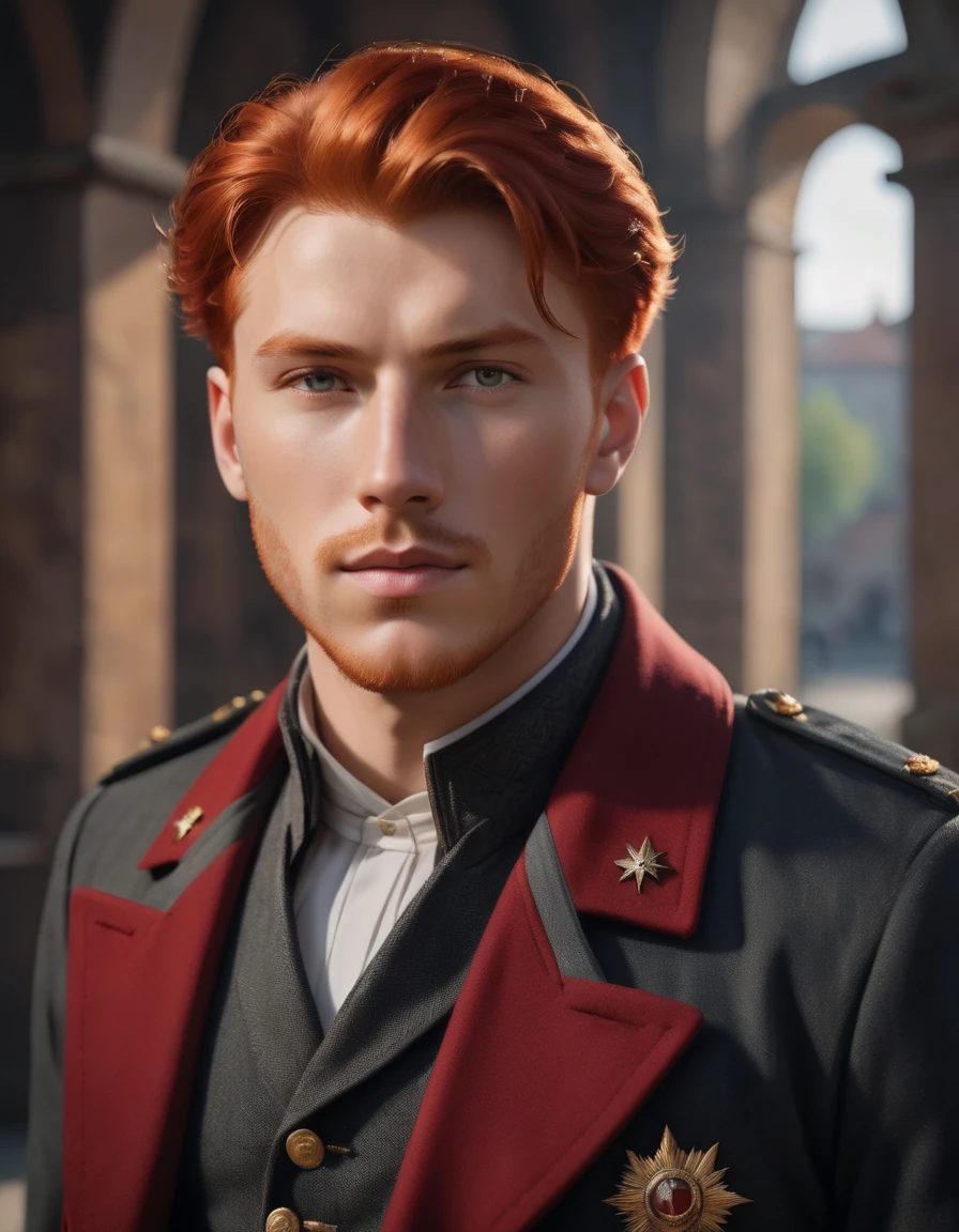 a character photo portrait of a Bosnian man with red hair presenting elegant style, Military-inspired coat with brass buttons and tailored trousers, um retrato de personagem de Matej Sternen, vencedor do concurso pexels, tonalismo, retrato retroiluminado, retrato com luz suave, dramatic light on the face