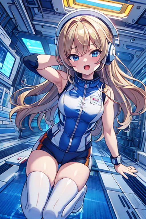 top-quality,Top image quality,in 8K,4K,masterpiece,ultra-detailliert,Beautiful,ultra-quality, best quality,high resolution, ultra-detailed,game cg,dutch angle,(acrobatic pose):5,jumping:5,(inside spacestation,)beautiful detailed eyes,five fingers,headphone,nsfw,a beauty girl,(astrovest):5,(track uniforms),wet,(steam:1.5),Running form,open open mouth,(blonde hair),(long hair):2,Navel,space_station_interior, exercise_room, futuristic, high_technology, zero_gravity_exercise_equipment, high_resolution_landscape, sleek_design, minimalistic, 8K_resolution, game_cg_style, Dutch_angle, detailed_character, track_uniform, perfect_running_form, intense_expression, detailed_eyes, determination, steam:1.5, beauty, strength, five_fingers, visible_navel, open_mouth, ultra_quality, high_resolution, ultra_detailed,astrovest