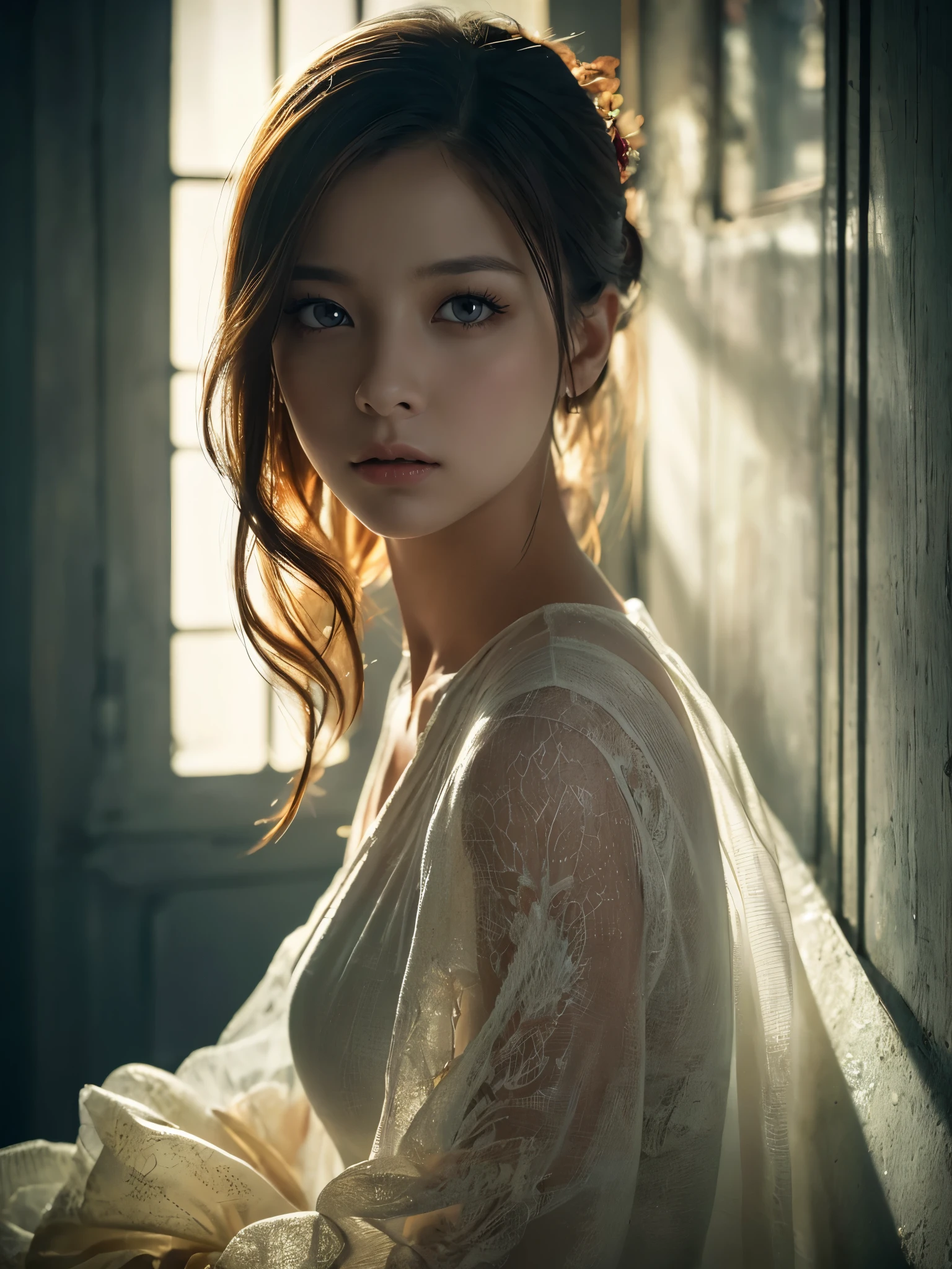 "masterpiece, best quality, (ultra-detailed, realistic, physically-based rendering, professional, vivid colors, sharp focus:1.2), studio lighting, bokeh, horror, concept artists, sci-fi, extremely detailed eyes and face, beautiful detailed eyes, beautiful detailed lips, long eyelashes, nonetheless, nonetheless with meticulous details, next-gen rendering technology, painting-like texture, emotive, layered tones, unconventional composition, unsettling atmosphere, ethereal beauty, surreal elements, extended dynamic range, soft shadows and highlights, dramatic lighting effects, intense contrast, breath-taking moment, impressive depth of field, illusion and reality blend, exquisite details in every corner, mysterious and intriguing, dreamlike visage, enchanting essence, captivating presence, intense emotional expression, strong storytelling aura."