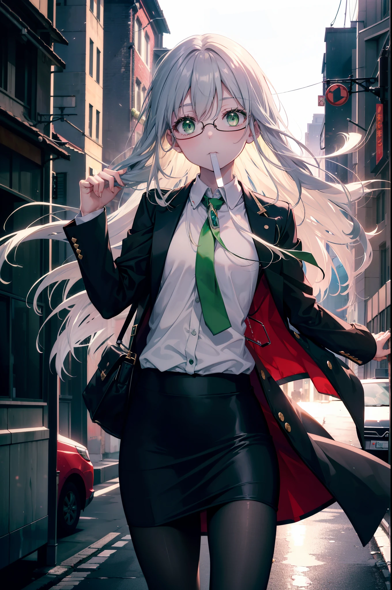 index, index, (green eyes:1.5), silver hair, long hair, (flat chest:1.2),I'm in a hurry,
OL, red glasses, end, black suit jacket, collared jacket, white dress shirt, collared shirt, neckline, button, strap, ID card on neck, black pencil skirt, black pantyhose, stiletto heels,toast in your mouth, running, city street,morning,morning陽,The sun is rising, breaking the viewer, Upper body, whole body, (cowboy shot:1. 5)
break outdoors, In town,Destroy a city of buildings (masterpiece:1.2), highest quality, High resolution, unity 8k wallpaper, (figure:0.8), (detailed and beautiful eyes:1.6), highly detailed face, perfect lighting, Very detailed CG, (perfect hands, perfect anatomy),