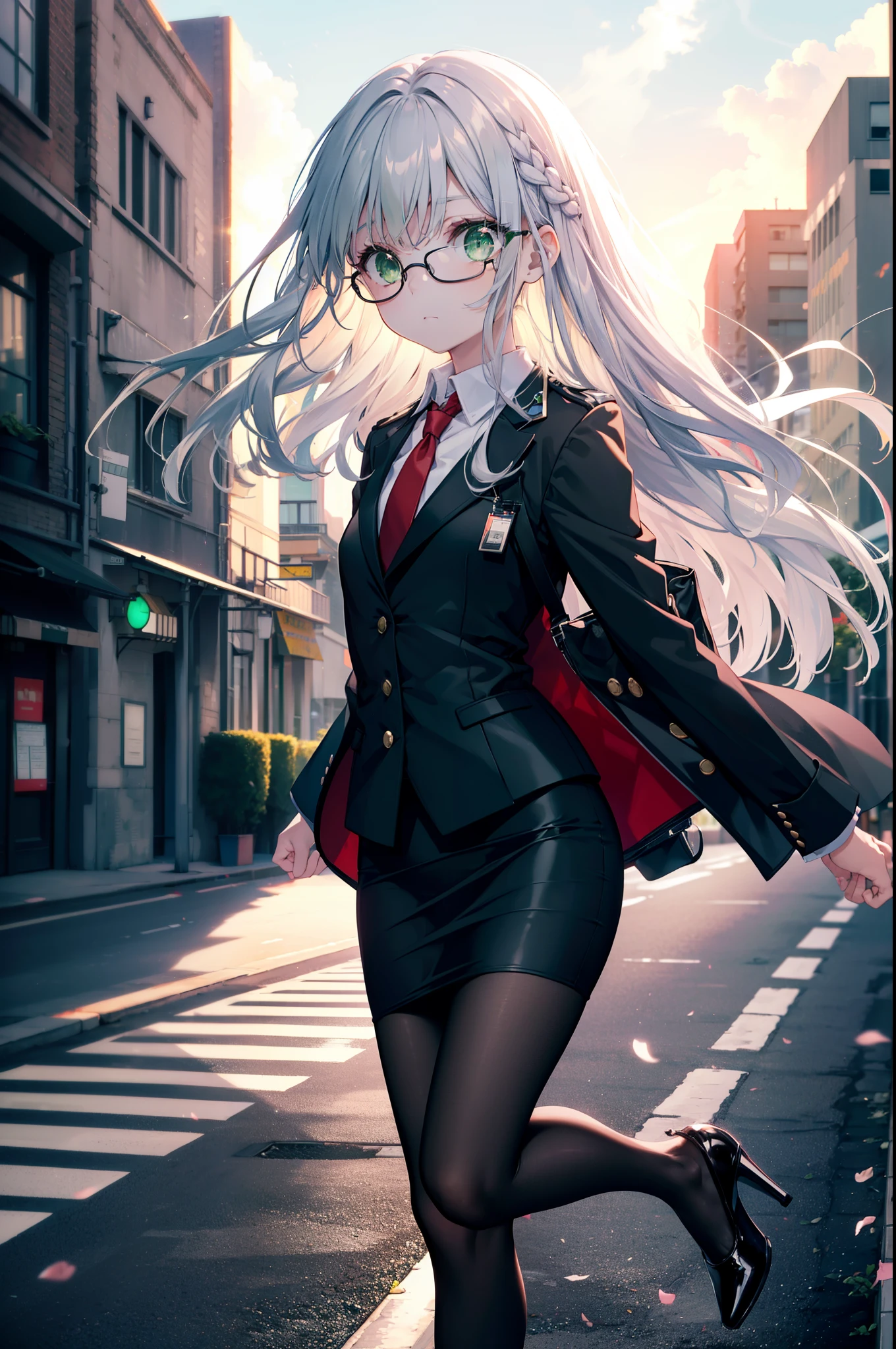 index, index, (green eyes:1.5), silver hair, long hair, (flat chest:1.2),I'm in a hurry,
OL, red glasses, end, black suit jacket, collared jacket, white dress shirt, collared shirt, neckline, button, strap, ID card on neck, black pencil skirt, black pantyhose, stiletto heels,toast in your mouth, running, city street,morning,morning陽,The sun is rising, breaking the viewer, Upper body, whole body, (cowboy shot:1. 5)
break outdoors, In town,Destroy a city of buildings (masterpiece:1.2), highest quality, High resolution, unity 8k wallpaper, (figure:0.8), (detailed and beautiful eyes:1.6), highly detailed face, perfect lighting, Very detailed CG, (perfect hands, perfect anatomy),