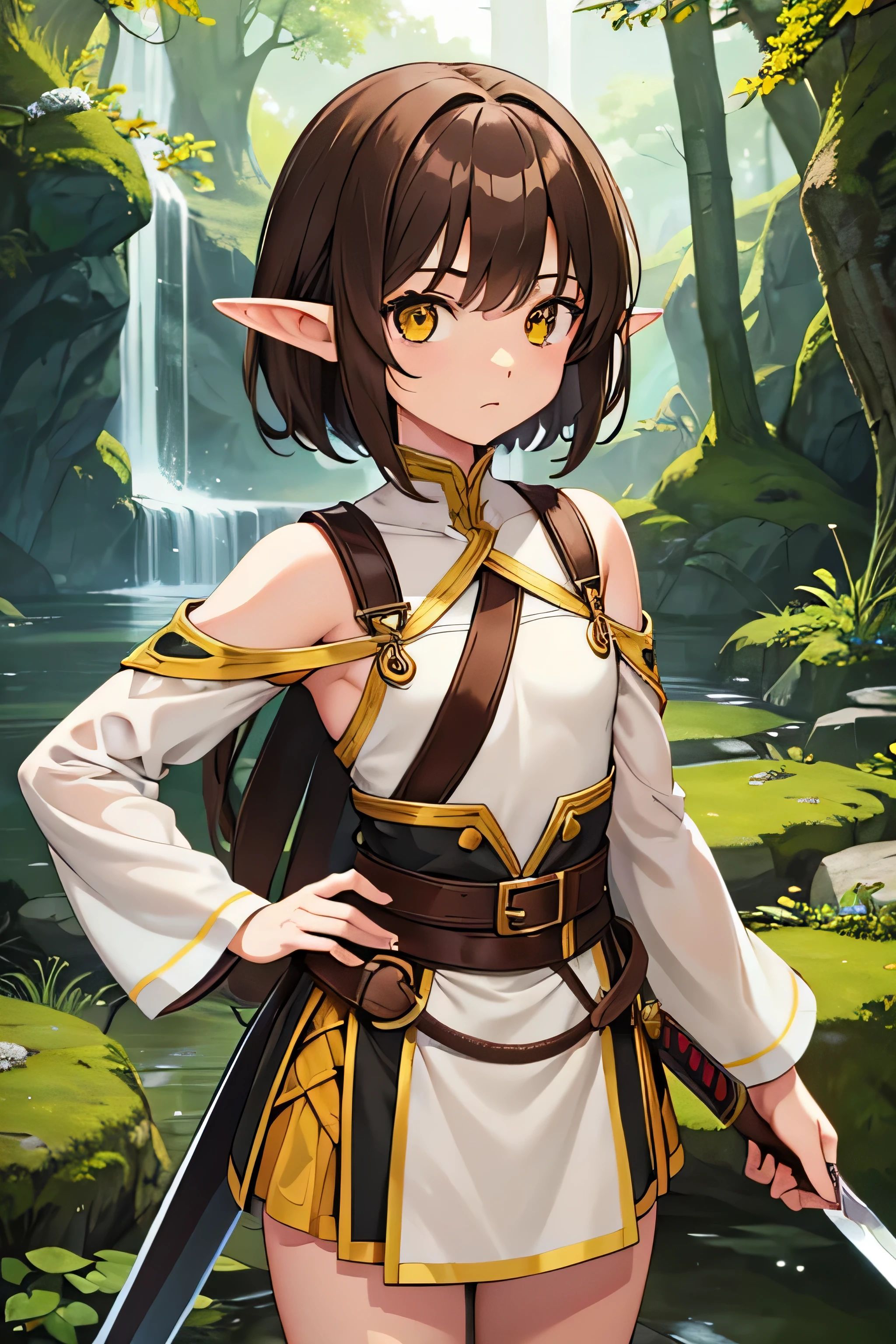 An elf girl with a tiny body and brown hair, yellow eyes, and a flat chest. She is wearing casual cloths and holding a sword. The girl is looking at a person offscreen. The image should be of absurd resolution and high detail. It should be ultra-sharp and available in 8K resolution, representing a masterpiece in image quality. showcasing a nature vibe