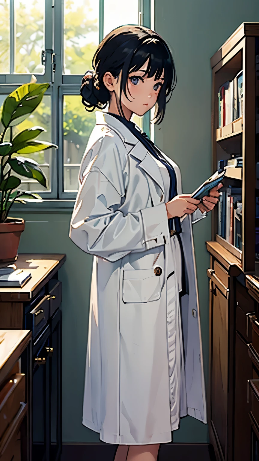 (highest quality、masterpiece、High resolution)、(Sargent style watercolor)、(anime art)、cinematic light、soft light、((1 girl))、20-year-old、((With documents、Standing by the wall))、black hair、short hair、semi-long、Put your hair up、((wearing a white coat))、(uniform、long skirt)、sophisticated look、small breasts、anatomically accurate hands、whole body、graduate School、Large bookshelf、Specimen shelf、Mineral specimens、Insect specimenicroscope、Laboratory instrument、Foliage plant、 blur the background、