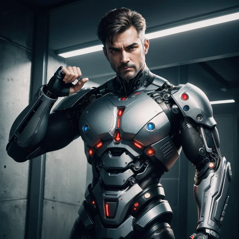(masterpiece, top quality, best quality,4k,8k,HD,ultra HD), 1man with cyborg hand,upper body