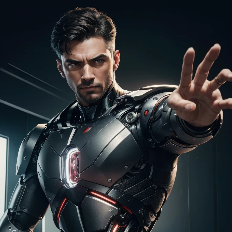 Create a futuristic representation of Playground.AI in the style of a gamer. The character should have a high-tech look, with futuristic armor and technological accessories. Man in Iron-Man-style armor. His eyes could glow with cybernetic light, and he could be holding a holographic device or futuristic joystick in his hands. The background should be a virtual 3D environment, with video game elements and digital interfaces. The image should evoke the idea of a playful mind evolving in an advanced technological virtual world.