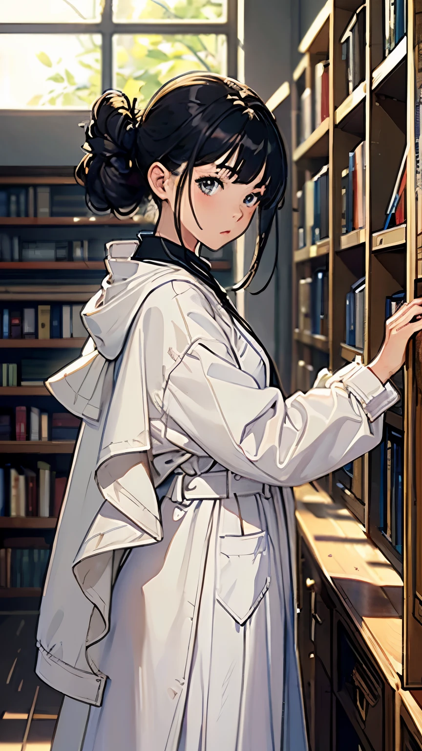 (highest quality、masterpiece、High resolution)、(Sargent style watercolor)、(anime art)、cinematic light、soft light、((1 girl))、20-year-old、((With documents、Standing by the wall))、black hair、short hair、semi-long、Put your hair up、((wearing a white coat))、(uniform、long skirt)、sophisticated look、small breasts、anatomically accurate hands、whole body、graduate School、Large bookshelf、Specimen shelf、Mineral specimens、Insect specimenicroscope、Laboratory instrument、Foliage plant、 blur the background、