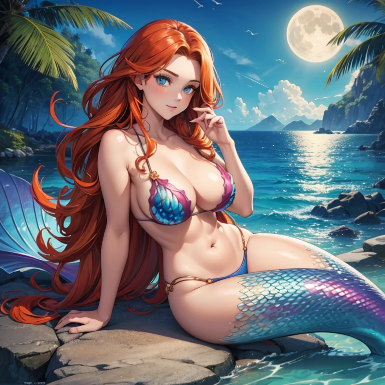  (masterpiece), best quality, expressive eyes, perfect face, a girl, a mermaid, ultra detailed long curly redhead hair, perfect hair, ultra detailed amber eyes, perfect eyes, perfect medium breasts, top with sea shells, perfect body, multicolored mermaid tail, high shine mermaid tail, better definition, better shadow, better lighting, 8k, mermaid sitting on a rock in the cove of a tropical island, pirate ship under the full moon in the background,