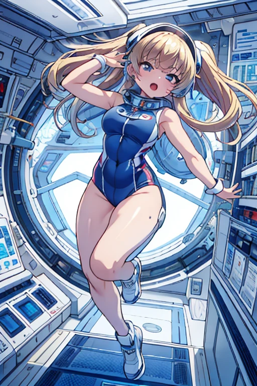 top-quality,Top image quality,in 8K,4K,masterpiece,ultra-detailliert,Beautiful,ultra-quality, best quality,high resolution, ultra-detailed,game cg,dutch angle,(acrobatic pose):5,jumping:5,(inside spacestation,)beautiful detailed eyes,five fingers,headphone,nsfw,a beauty girl,(astrovest):5,(track uniforms),wet,(steam:1.5),Running form,open open mouth,(blonde hair),(long hair):2,Navel,space_station_interior, exercise_room, futuristic, high_technology, zero_gravity_exercise_equipment, high_resolution_landscape, sleek_design, minimalistic, 8K_resolution, game_cg_style, Dutch_angle, detailed_character, track_uniform, perfect_running_form, intense_expression, detailed_eyes, determination, steam:1.5, beauty, strength, five_fingers, visible_navel, open_mouth, ultra_quality, high_resolution, ultra_detailed,astrovest