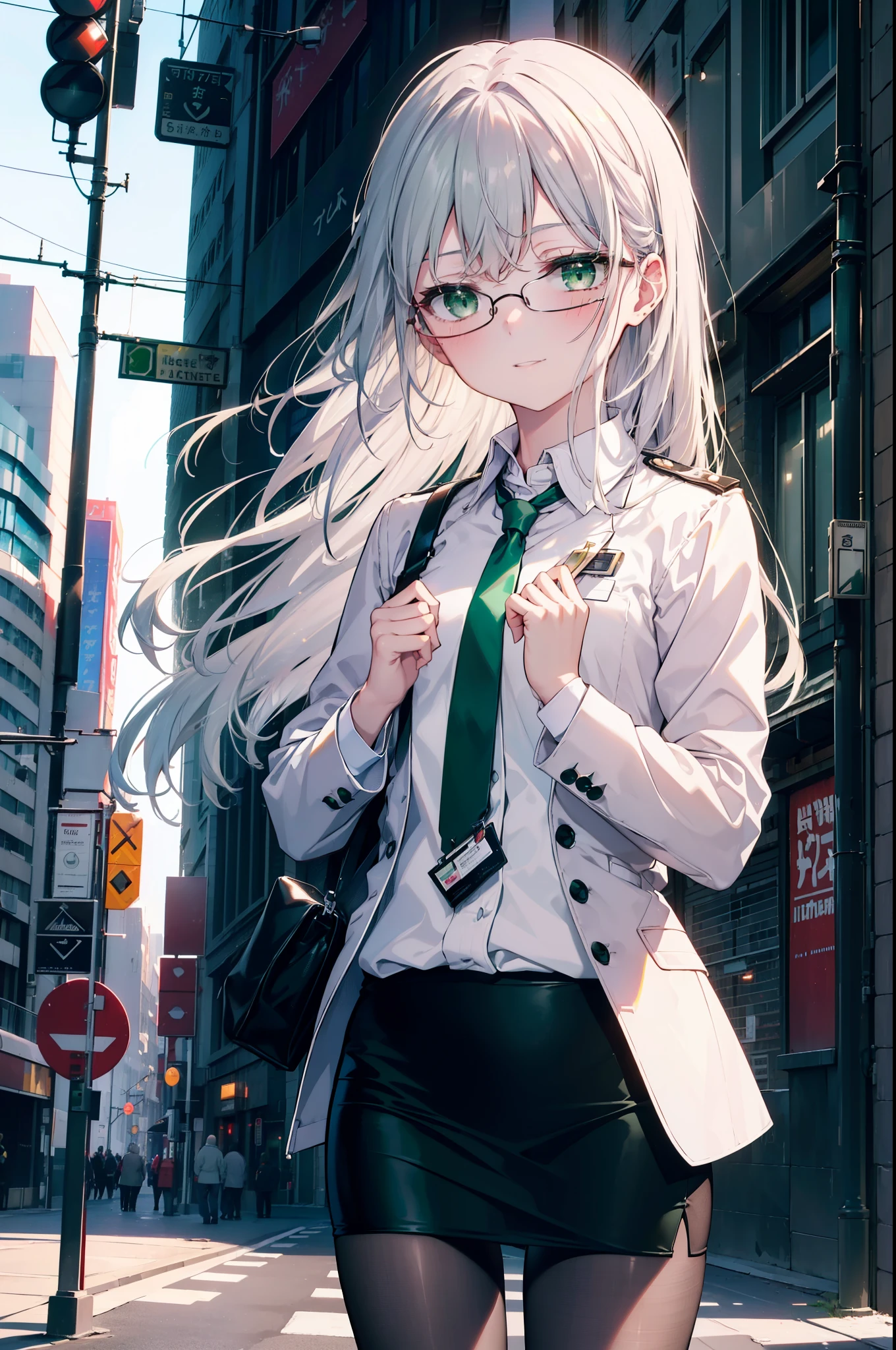 index, index, (green eyes:1.5), silver hair, long hair, (flat chest:1.2),smile,blush,open your mouth,
OL, red glasses, end, black suit jacket, collared jacket, white dress shirt, collared shirt, neckline, button, strap, ID card on neck, black pencil skirt, black pantyhose, stiletto heels, city street,morning,morning陽,The sun is rising, breaking the viewer, Upper body, whole body, (cowboy shot:1. 5)
break outdoors, In town,Destroy a city of buildings (masterpiece:1.2), highest quality, High resolution, unity 8k wallpaper, (figure:0.8), (detailed and beautiful eyes:1.6), highly detailed face, perfect lighting, Very detailed CG, (perfect hands, perfect anatomy),