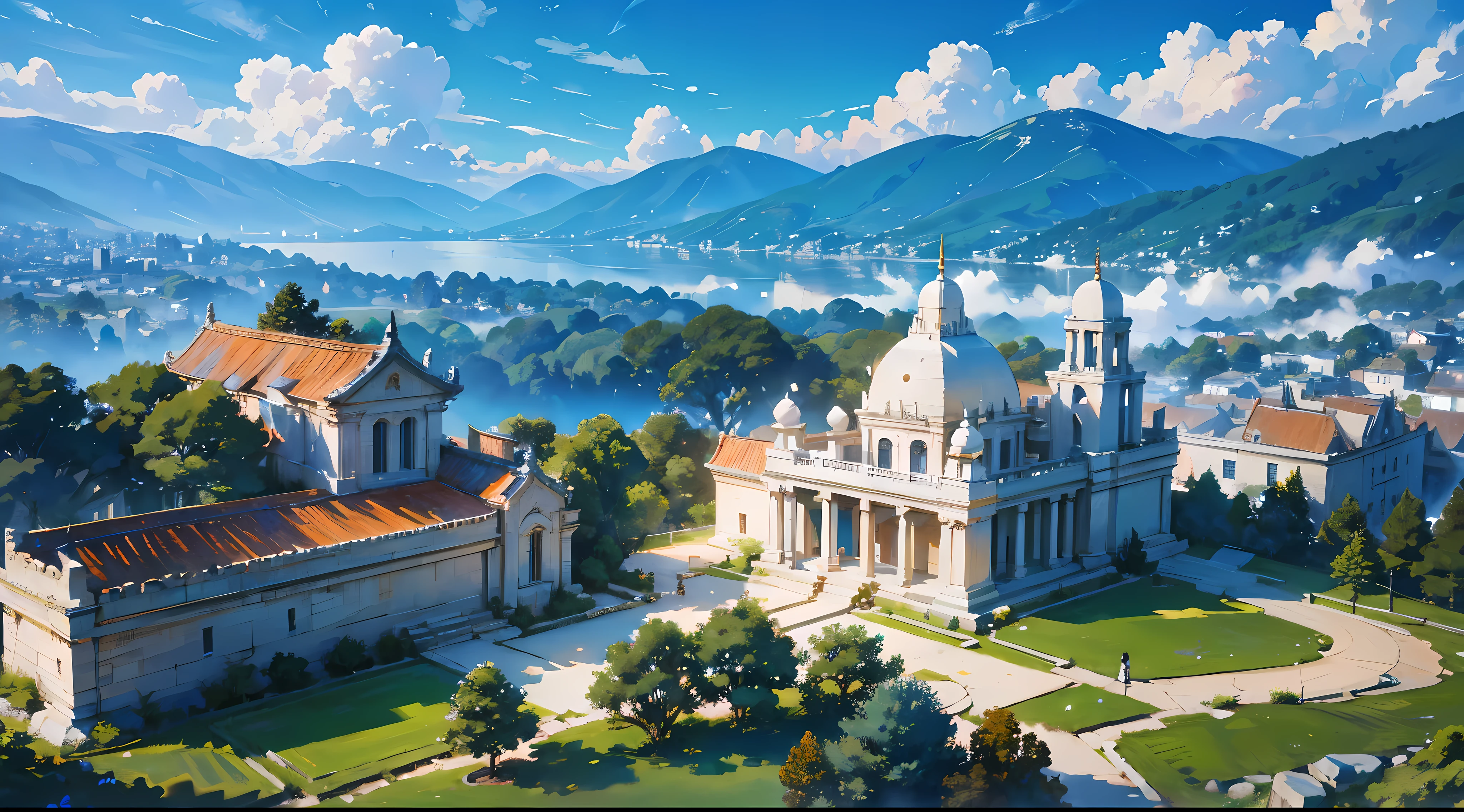 high-definition,highest quality,masterpiece,Movie quality,Cinematic light and shadow,Camera perspective,Camera angle,Poster cover,Close-up of the Photogram,top view,Blue sky and white clouds,White vibe,cave,Stone bricks,White Stone bricks,bungalow,temple,temple,Green grass and leaves,forest,City-state in the forest,White bricks,marble,Granite Style,vine,Flowers。