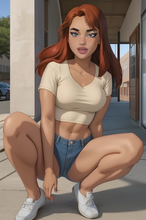 beautiful woman with messy windblown auburn hair, hazel eyes, freckles, thighs, wide hips, (thin lips:1.1), tiny denim cutoffs, k3d5 shoes, simple background
