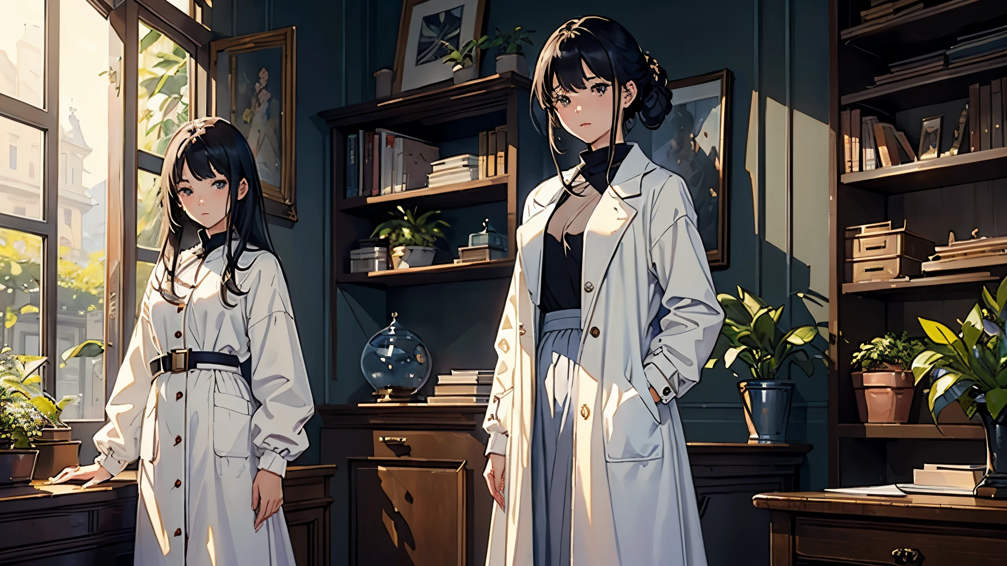 (highest quality、masterpiece、High resolution)、(Sargent style watercolor)、(anime art)、cinematic light、soft light、((1 girl))、20-year-old、((With documents、Standing by the wall))、black hair、short hair、semi-long、Put your hair up、(detailed depiction of the face)、((wearing a white coat))、(uniform、long skirt)、sophisticated look、small breasts、anatomically accurate hands、whole body、graduate School、Large bookshelf、Specimen shelf、Mineral specimens、Insect specimenicroscope、Laboratory instrument、Foliage plant、 blur the background、