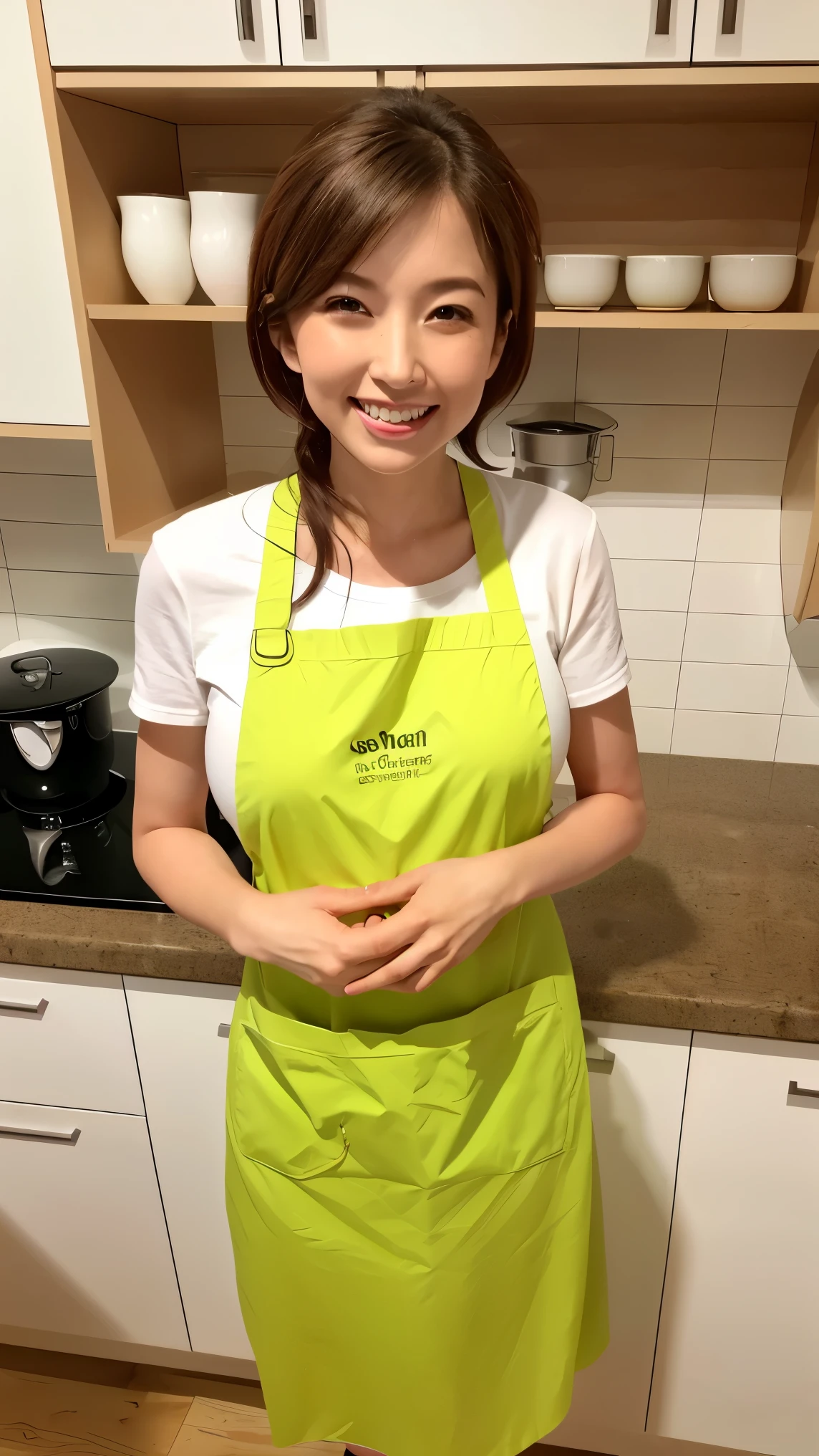 (table top、highest quality、8K、Award-winning work、ultra high resolution)、one beautiful woman、(wearing the most natural and perfect apron:1.1)、(naked apron:1.2)、ponytailed hair、(Look at me with your best smile:1.1)、(Show your beautiful teeth and have the best smile:1.1)、perfect beautiful teeth、emphasize body line、(bust up photo:1.1)、(Photo above the waist:1.2)、big breasts、(The most natural and practical kitchen:1.1)、(Perfectly organized and clean kitchen:1.1)、(modern and elegant kitchen:1.1)、(Perfect kitchen with state-of-the-art induction:1.1)、(Beautiful modern kitchen with a unified feel:1.1)、(very bright:1.2)、(very bright and vivid:1.2)、bright、very bright、that&#39;It&#39;s very vivid、the most vivid、High chroma、radiant beautiful skin、A refreshing and beautiful perfect window、ultra high resolutionのperfect beautiful teeth、(Ultra high definition glossy skin:1.1)、(very brightly lit、bright and glowing skin:1.2)、Super high-definition sparkling eyes、(accurate anatomy:1.1)、(the most elegant and perfect posture:1.1)、big breasts