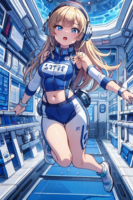 top-quality,Top image quality,in 8K,4K,masterpiece,ultra-detailliert,Beautiful,ultra-quality, best quality,high resolution, ultra-detailed,game cg,dutch angle,(acrobatic pose):5,jumping:5,(inside spacestation,)beautiful detailed eyes,five fingers,headphone,nsfw,a beauty girl,(astrovest):5,(track uniforms),wet,(steam:1.5),Running form,open open mouth,(blonde hair),(long hair):2,Navel,space_station_interior, exercise_room, futuristic, high_technology, zero_gravity_exercise_equipment, high_resolution_landscape, sleek_design, minimalistic, 8K_resolution, game_cg_style, Dutch_angle, detailed_character, track_uniform, perfect_running_form, intense_expression, detailed_eyes, determination, steam:1.5, beauty, strength, five_fingers, visible_navel, open_mouth, ultra_quality, high_resolution, ultra_detailed,astrovest