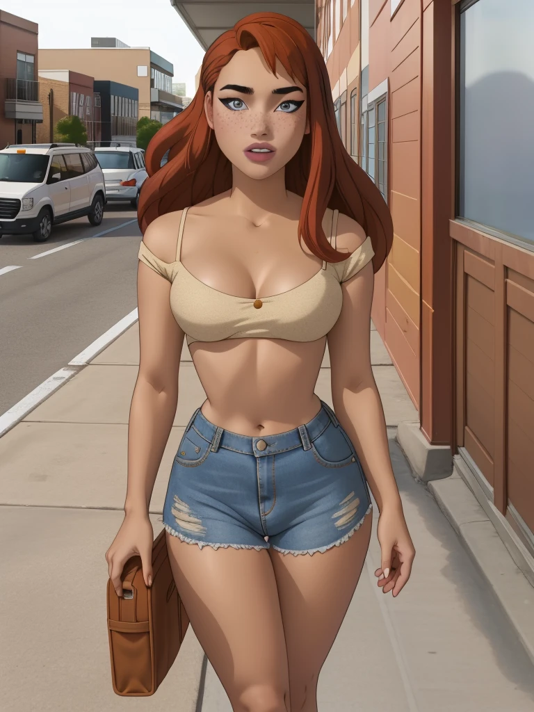 beautiful woman with messy windblown auburn hair, hazel eyes, freckles, thighs, wide hips, (thin lips:1.1), tiny denim cutoffs, k3d5 shoes, simple background
