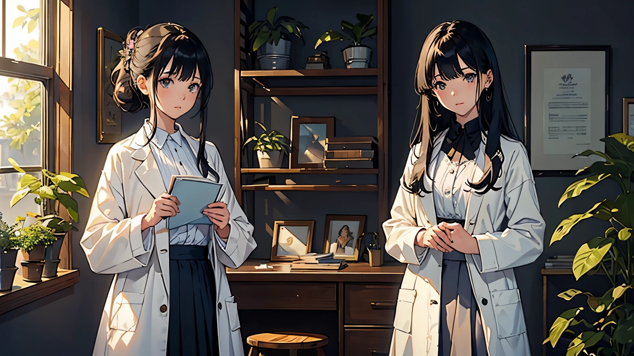 (highest quality、masterpiece、High resolution)、(Sargent style watercolor)、(anime art)、cinematic light、soft light、((1 girl))、20-year-old、((With documents、Standing by the wall))、black hair、short hair、semi-long、Put your hair up、(detailed depiction of the face)、((wearing a white coat))、(uniform、long skirt)、sophisticated look、small breasts、anatomically accurate hands、whole body、graduate School、Large bookshelf、Specimen shelf、Mineral specimens、Insect specimenicroscope、Laboratory instrument、Foliage plant、 blur the background、