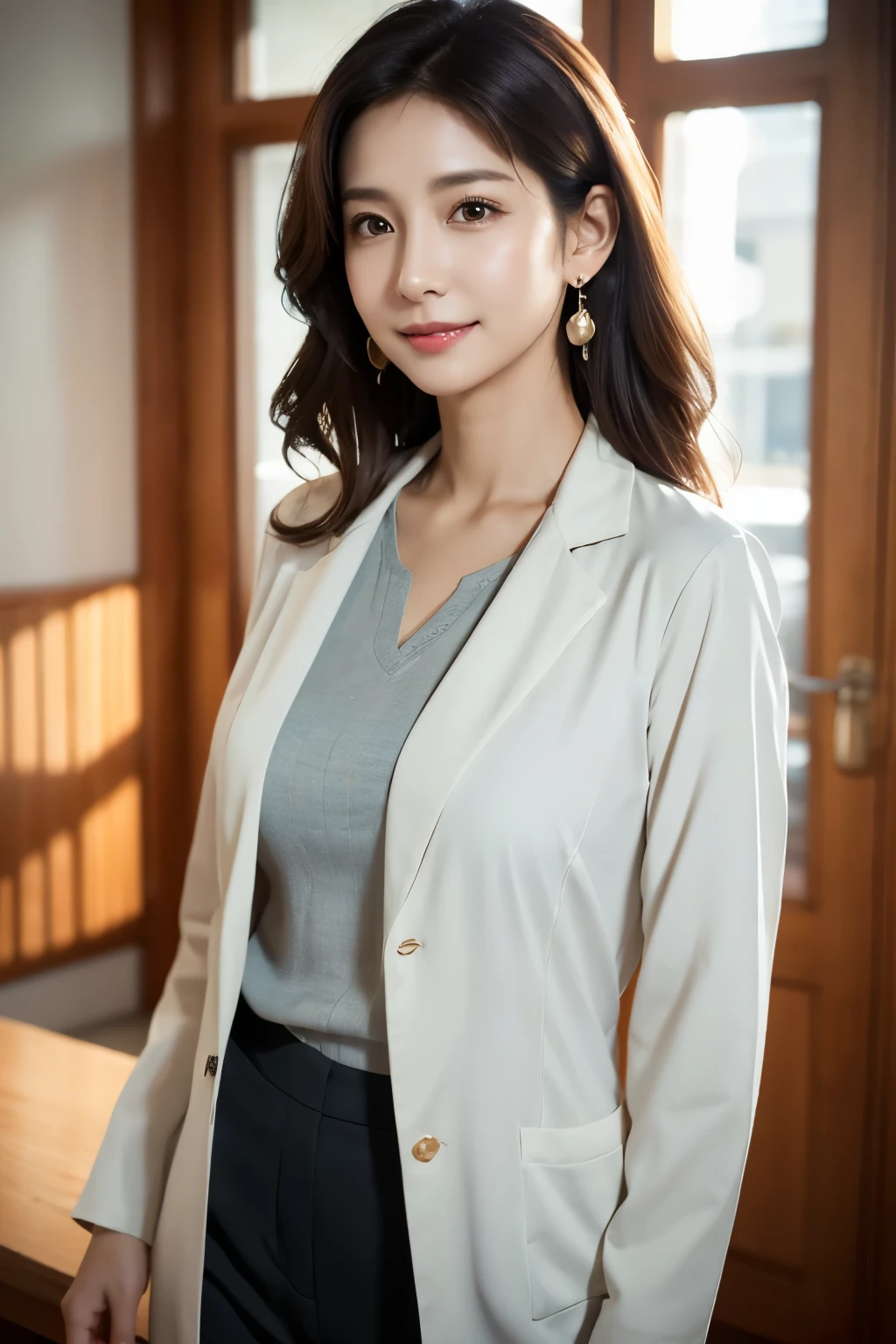Woman in her 40s, Latina descent,Role as a nutritionist, Wearing a pristine lab coat,Shoulder-length wavy hair flowing freely,White blouse and trousers Enhancing her professional image, Beautiful and detailed features,Clear and alert expression,High-quality and Super detailed 8K portrait,Photorealistic capture,Masterpiece showcasing intricate details,Background blurred to emphasize the focus on the woman,Natural and radiant complexion,Confidently looking into the camera,Delicate earrings adorning her ears,Slight smile reflecting her warmth and expertise.