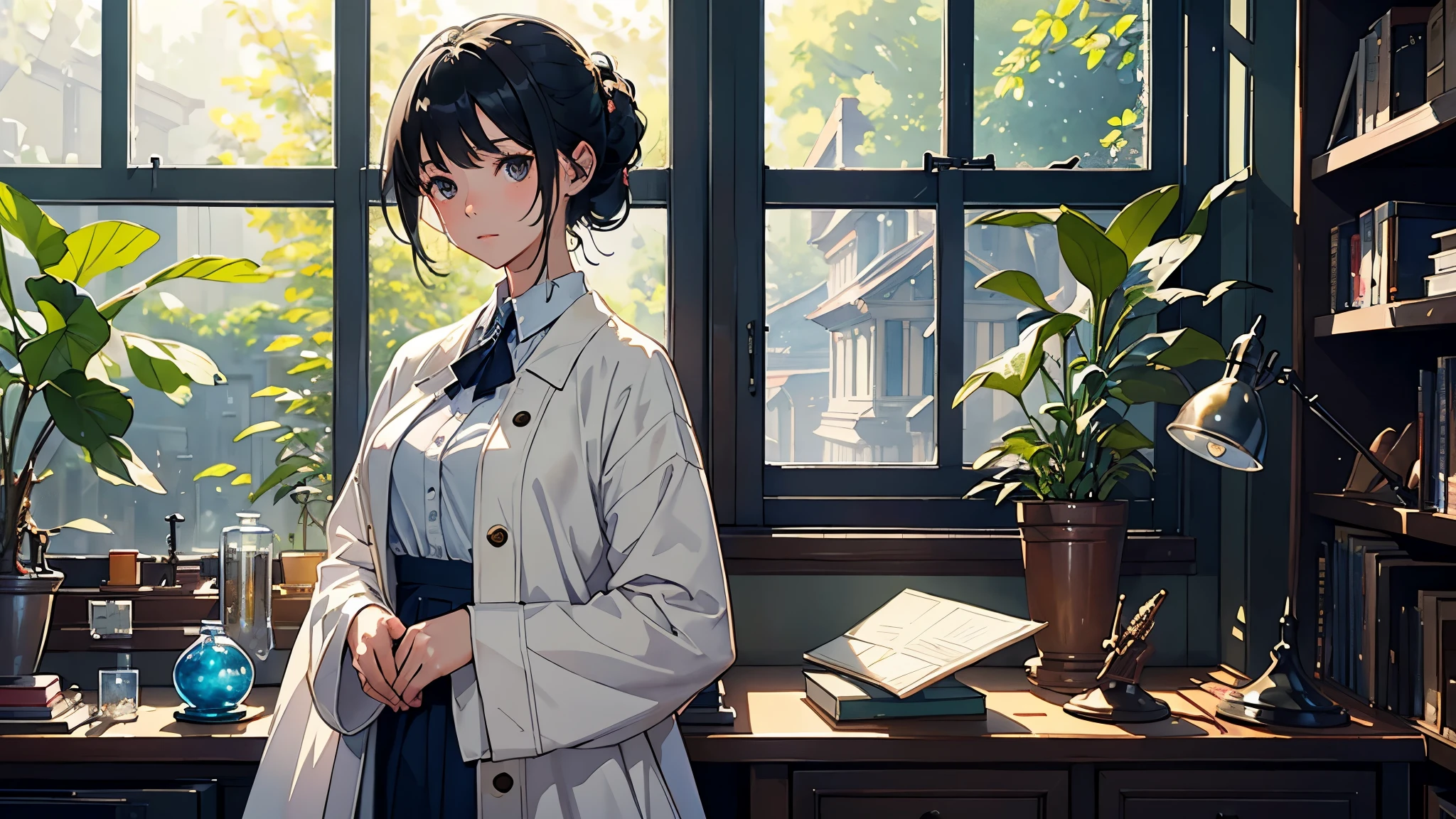 (highest quality、masterpiece、High resolution)、(Sargent style watercolor)、(anime art)、cinematic light、soft light、((1 girl))、20-year-old、((With documents、looking out the window))、black hair、short hair、semi-long、Put your hair up、(detailed depiction of the face)、((wearing a white coat))、(uniform、long skirt)、sophisticated look、small breasts、anatomically accurate hands、whole body、graduate School、Large bookshelf、Specimen shelf、Mineral specimens、Insect specimenicroscope、Laboratory instrument、Foliage plant、 blur the background、