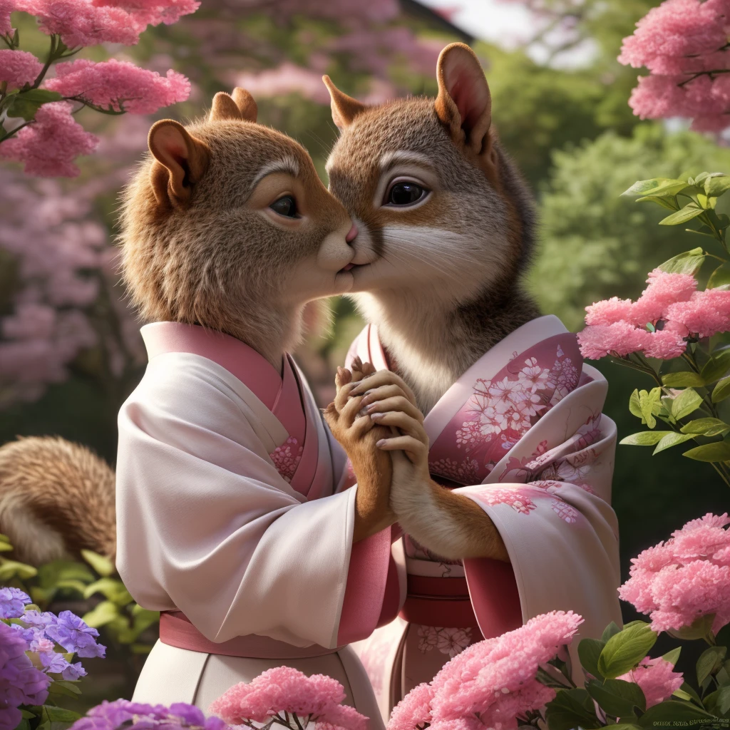 (best quality,4k,8k,highres,masterpiece:1.2),ultra-detailed,(realistic,photorealistic,photo-realistic:1.37),furry, fluffy, anthro, humanoid, squirrel, kimono, flowers, garden, looking at me, paw reaching toward me, delicate, long tail, holding my hand, kissing my hand, closeup, super closeup, traditional Japanese setting, vibrant colors, soft lighting.