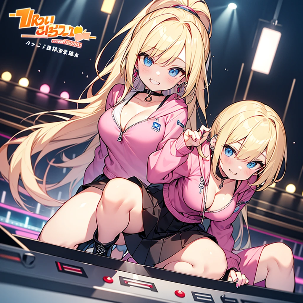 highest quality、blonde、ponytail、slanted eyes、blue eyes、thick eyeliner、pale skin、gal、pink hoodie、Her zipper is open, exposing her breasts、cleavage、Have many ear piercings、bracelet、pink lip、big breasts、short skirt、knee high boots、DJing live、DJ scratch、Beautiful stage、lots of neon、Ruthless smile、red nails、Live venues at night