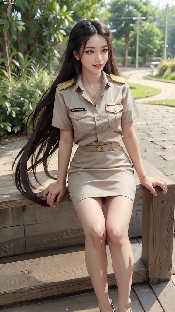 Khaki suit, khaki civil servant, Thai teacher uniform:1.3, Beautiful girl with extra long hair, Two meter long hair, Long hair that catches the eye, long black hair, Her hair is very long., Long, shiny hair, Long, thick, soft hair, Extra long hair, Dynamic posts, like full body, Short sleeve shirtสีกากี, short pencil skirtสีกากี, side cut, Decorated with military insignia., black high heels, The sexiest, small waist, hips raised, small thighs, Long legs, Women&#39;s fingers are slender and beautiful., Huge breasts, Huge breasts:1.5, big breast, Very big breasts, Eye-catching breasts, A gigantic rift, Not completely covered, big breast, Huge breast, Big tits D, สาวTwo meter long hair, Beautiful face, red lips, Very shiny, แต่งBeautiful face, Military rank insignia, short pencil skirt, tight, ultra short skirt, very short skirt, Wear a miniskirt., Short sleeve shirt, tight fitting, in the background, blurred garden., seductive gesture, Women&#39;s condition, Hermes 2002-26 Bag, Gold Necklace, นาฬิกา Apple Watch, stand, walk, stairs,