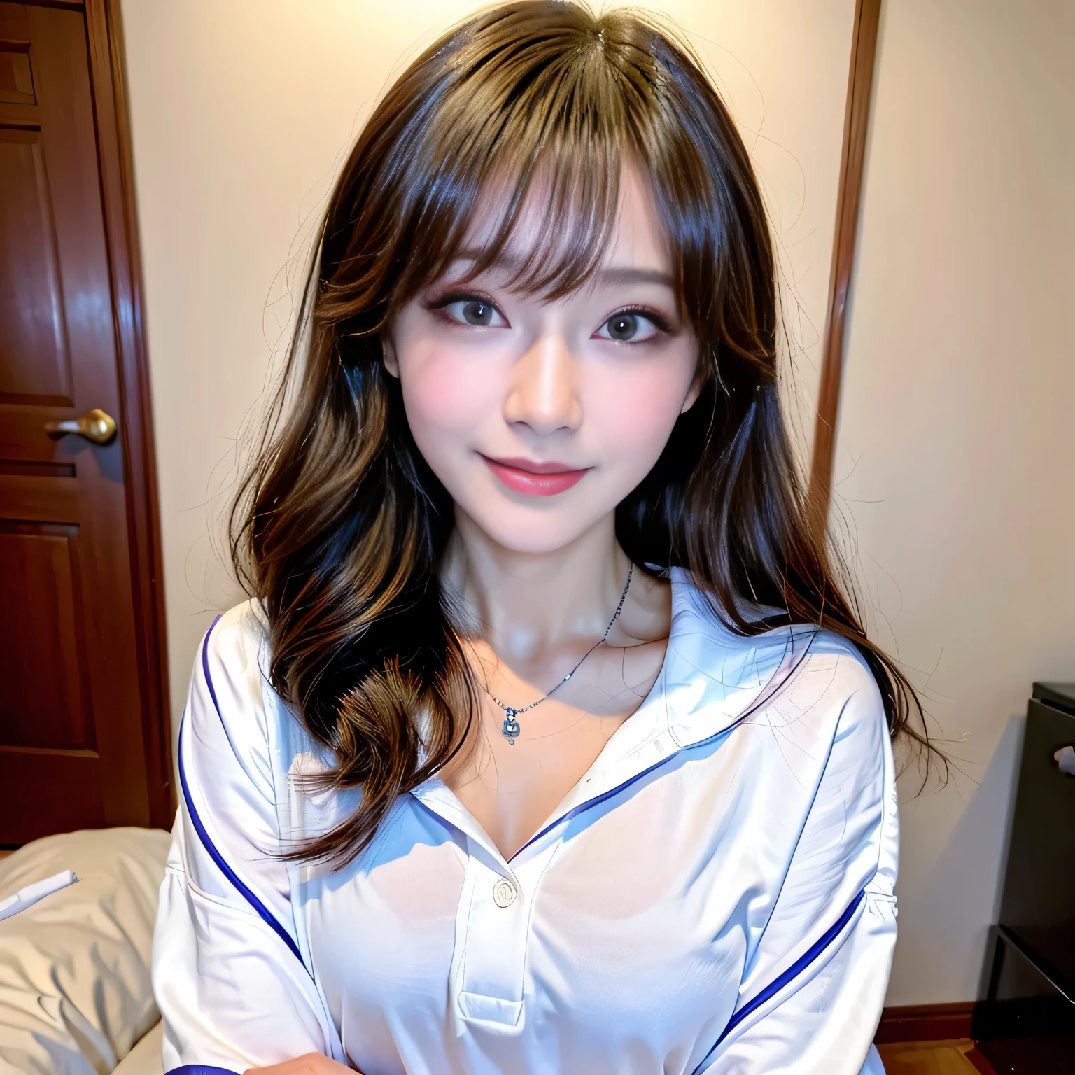 seed;88117315,((Full Body Angle))、Front hair:1.3))、((Highest quality, 8K, masterpiece: 1.3)), concentrated: 1.2, Cute girl 1,Nipples erect、 Perfect beauty: 1.4,Summer use ((Cat Cosplay:1.1)): 1.2,Long sleeve、Randall Color、comics&Text Graphics、Black ruffle-trimmed drawstring zip blouse,1.1, Highly detailed face and skin textures, Fine grain, double eyelid, whitening skin, ,Highest quality,Ultra-high resolution,you,1 girl,alone,_Shiny_skin,Iris,necklace,((brown_length_Wavy_hair)),(lips)),eyelash,Front hair,deal with,compensate,Shiny,pore,skin,Large Breasts、((smiling face))、riverbank、Selfie、