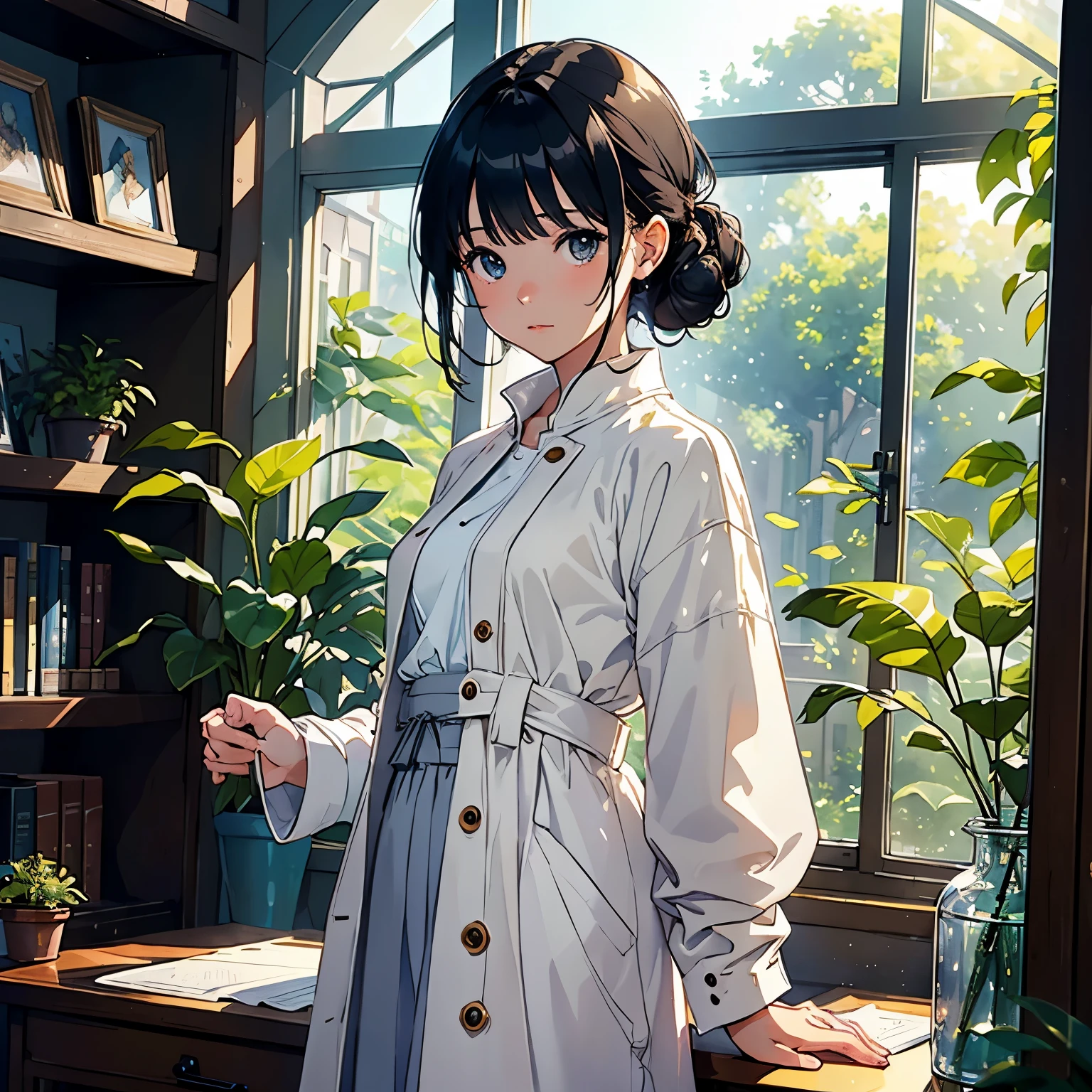 (highest quality、masterpiece、High resolution)、(Sargent style watercolor)、(anime art)、cinematic light、soft light、((1 girl))、20-year-old、((With documents、looking out the window))、black hair、short hair、semi-long、Put your hair up、(detailed depiction of the face)、((wearing a white coat))、(uniform、long skirt)、sophisticated look、small breasts、anatomically accurate hands、whole body、graduate School、Large bookshelf、Specimen shelf、Mineral specimens、Insect specimenicroscope、Laboratory instrument、Foliage plant、 blur the background、