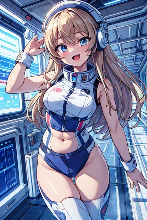 top-quality,Top image quality,in 8K,4K,masterpiece,ultra-detailliert,Beautiful,ultra-quality, best quality,high resolution, ultra-detailed,game cg,dutch angle,(acrobatic pose):5,jumping:5,(inside spacestation,)beautiful detailed eyes,five fingers,headphone,nsfw,a beauty girl,(astrovest):5,(track uniforms),wet,(steam:1.5),Running form,open open mouth,(blonde hair),(long hair):2,Navel,space_station_interior, exercise_room, futuristic, high_technology, zero_gravity_exercise_equipment, high_resolution_landscape, sleek_design, minimalistic, 8K_resolution, game_cg_style, Dutch_angle, detailed_character, track_uniform, perfect_running_form, intense_expression, detailed_eyes, determination, steam:1.5, beauty, strength, five_fingers, visible_navel, open_mouth, ultra_quality, high_resolution, ultra_detailed,astrovest