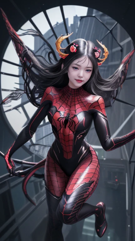 8K,((Best Quality)), ((masterpiece)), ((Realistic)), ((HD Graphics)), personification of a young spider, 17years old girl, artistic anatomic hands, Artistic anatomy, Black eyes, Female face, cute girl, she's my girlfriend and she loves me very much, she's beautiful girl, elegant girl, Trending on ArtStation, Sharp Focus, studio, Intricate details, Very detailed, Detailed eyes, Illustration, Very detailed, Sharp Focus, a digital rendering, Professional, 8K　Beautiful expression, gorgeous face　超A high resolution　,real looking skin, spidergirl cosplay,gorgeous costume, detailed costume, Mischievous smile,spider-shaped hair ornament,Spider crest,Precise heraldic work,17years old girl,combat scene,action scene,realistic combat,actionpose,In the top of building in modern city, full body looks, front view