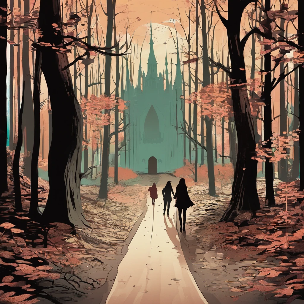 Forest scene, front view, foreground 2girls walkingdownthepath with bikes, a clean road, sunlight, flat view, warmth, bright colors, forest, trees, real photos 