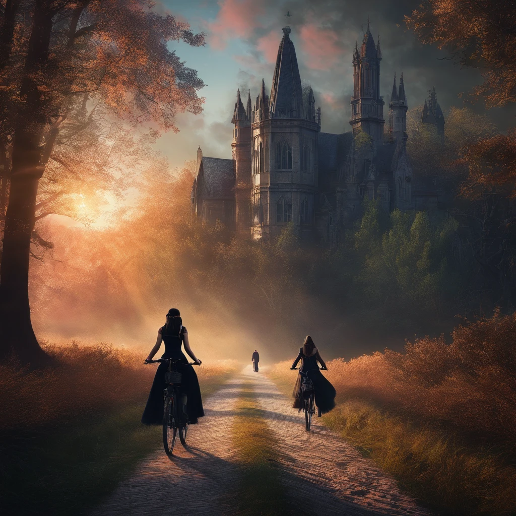 Forest scene, front view, foreground 2girls walkingdownthepath with bikes, a clean road, sunlight, flat view, warmth, bright colors, forest, trees, real photos