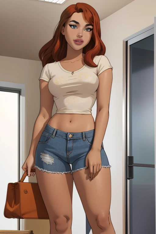 beautiful woman with messy windblown auburn hair, hazel eyes, freckles, thighs, wide hips, (thin lips:1.1), tiny denim cutoffs, k3d5 shoes, simple background
