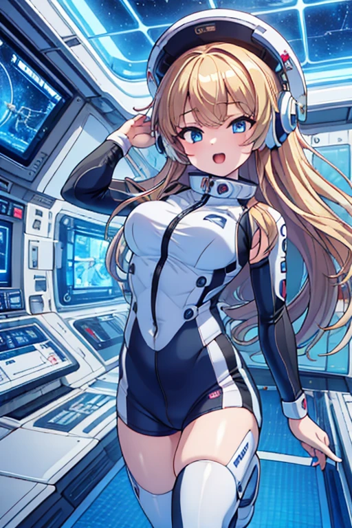 top-quality,Top image quality,in 8K,4K,​masterpiece,ultra-detailliert,Beautiful,ultra-quality, best quality,high resolution, ultra-detailed,game cg,dutch angle,(acrobatic pose):5,jumping:5,(inside spacestation,)beautiful detailed eyes,five fingers,headphone,nsfw,a beauty girl,(astrovest):5,(track uniforms),wet,(steam:1.5),Running form,open open mouth,(blonde hair),(long hair):2,Navel,space_station_interior, exercise_room, futuristic, high_technology, zero_gravity_exercise_equipment, high_resolution_landscape, sleek_design, minimalistic, 8K_resolution, game_cg_style, Dutch_angle, detailed_character, track_uniform, perfect_running_form, intense_expression, detailed_eyes, determination, steam:1.5, beauty, strength, five_fingers, visible_navel, open_mouth, ultra_quality, high_resolution, ultra_detailed,astrovest