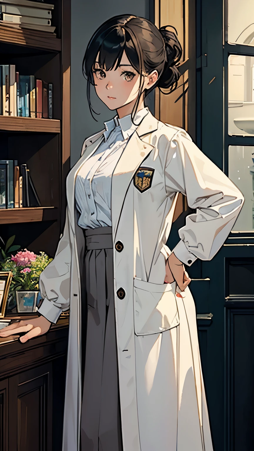(highest quality、masterpiece、High resolution)、(Sargent style watercolor)、(anime art)、cinematic light、soft light、((1 girl))、20-year-old、((With documents、Standing by the wall))、black hair、short hair、semi-long、Put your hair up、(detailed depiction of the face)、((wearing a white coat))、(uniform、long skirt)、sophisticated look、small breasts、anatomically accurate hands、whole body、graduate School、Large bookshelf、Specimen shelf、Mineral specimens、Insect specimenicroscope、Laboratory instrument、Foliage plant、 blur the background、