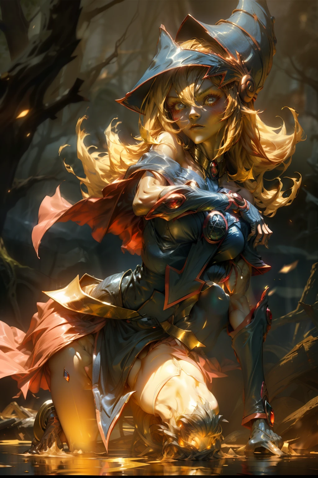 Dark magician gils. Ojos azules, labios rojos, cabello rubio y largo. Pose sensual. Fondo de Fuego. She is in flames