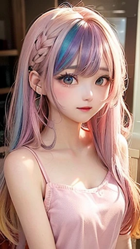 small face、 (alone:1.5,)Super detailed,bright colors, very beautiful detailed anime face and eyes, look straight, shiny_skin,girl, (((rainbow colored hair, colorful hair, Half red、Half golden hair: 1.2))), 、shiny hair, delicate beautiful face, blush、Glasses、(turquoise eyes), , Valletta, earrings,、flower garden、sunset、(((See-through、sexy、pink、Satin camisole、Brown、,Translucent shirt)))、(twin tails)、smile、happy face、face dyed red、cheerful pose、dynamic、