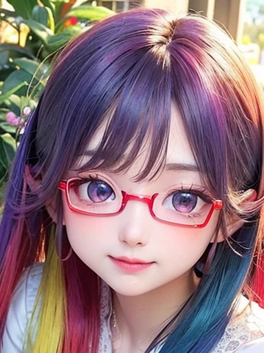 small face、 Glasses、Super detailed,bright colors, very beautiful detailed anime face and eyes, look straight,  shiny_skin,girl, (((Rainbow-coloredの髪, colorful hair, Half blue、half red hair: 1.2))), 、shiny hair, delicate beautiful face, blush、Glasses、(turquoise eyes), , Valletta, earrings,、（(flower garden、sunset、luxury hotel)）、((Rainbow-colored、translucent、short sleeve、Floral、Lace blouse))、（twin tails）、（smile、happy face、face dyed red）、cheerful pose、dynamic、Upper body、