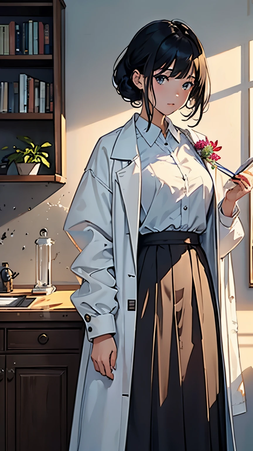 (highest quality、masterpiece、High resolution)、(Sargent style watercolor)、(anime art)、cinematic light、soft light、((1 girl))、20-year-old、((With documents、Standing by the wall))、black hair、short hair、semi-long、Put your hair up、(detailed depiction of the face)、((wearing a white coat))、(uniform、long skirt)、sophisticated look、small breasts、anatomically accurate hands、whole body、graduate School、Large bookshelf、Specimen shelf、Mineral specimens、Insect specimenicroscope、Laboratory instrument、Foliage plant、 blur the background、