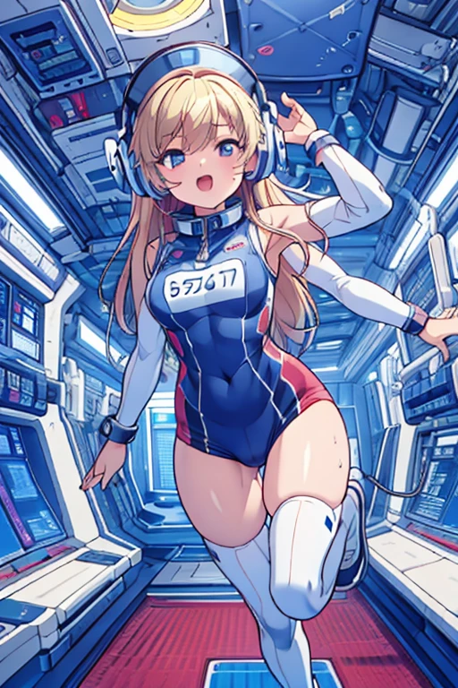 top-quality,Top image quality,in 8K,4K,​masterpiece,ultra-detailliert,Beautiful,ultra-quality, best quality,high resolution, ultra-detailed,game cg,dutch angle,(acrobatic pose):5,jumping:5,(inside spacestation,)beautiful detailed eyes,five fingers,headphone,nsfw,a beauty girl,(astrovest):5,(track uniforms),wet,(steam:1.5),Running form,open open mouth,(blonde hair),(long hair):2,Navel,space_station_interior, exercise_room, futuristic, high_technology, zero_gravity_exercise_equipment, high_resolution_landscape, sleek_design, minimalistic, 8K_resolution, game_cg_style, Dutch_angle, detailed_character, track_uniform, perfect_running_form, intense_expression, detailed_eyes, determination, steam:1.5, beauty, strength, five_fingers, visible_navel, open_mouth, ultra_quality, high_resolution, ultra_detailed,astrovest