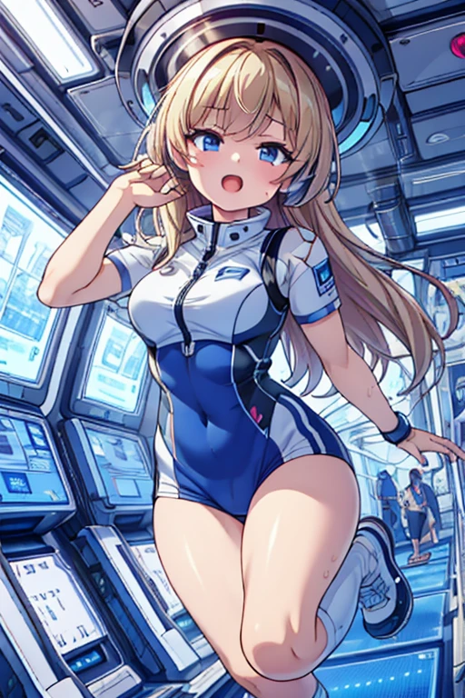 top-quality,Top image quality,in 8K,4K,masterpiece,ultra-detailliert,Beautiful,ultra-quality, best quality,high resolution, ultra-detailed,game cg,dutch angle,(acrobatic pose):5,jumping:5,(inside spacestation,)beautiful detailed eyes,five fingers,headphone,nsfw,a beauty girl,(astrovest):5,(track uniforms),wet,(steam:1.5),Running form,open open mouth,(blonde hair),(long hair):2,Navel,space_station_interior, exercise_room, futuristic, high_technology, zero_gravity_exercise_equipment, high_resolution_landscape, sleek_design, minimalistic, 8K_resolution, game_cg_style, Dutch_angle, detailed_character, track_uniform, perfect_running_form, intense_expression, detailed_eyes, determination, steam:1.5, beauty, strength, five_fingers, visible_navel, open_mouth, ultra_quality, high_resolution, ultra_detailed,astrovest